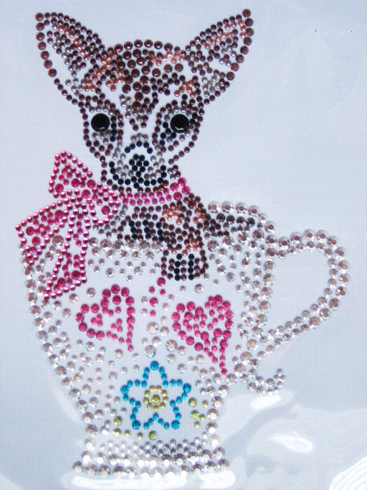 Adorable Rhinestone Studded CHIHUAHUA Puppy Dog in a Hearts Teacup- Iron On Transfer- DIY