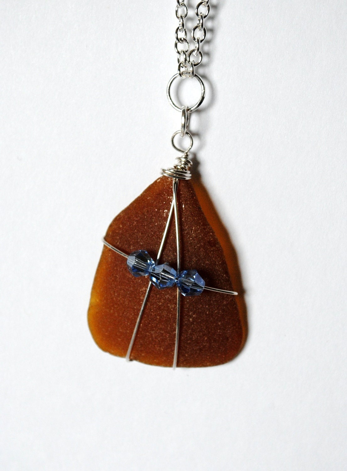 Sea Glass Pendant, Wire Wrapped Necklace, Summer Skies