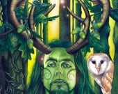 Herne the Hunter - 10x15 Limited Edition Signed/Numbered Print - Pagan - Woodland -  Mythical Men Illustration - Green Man.