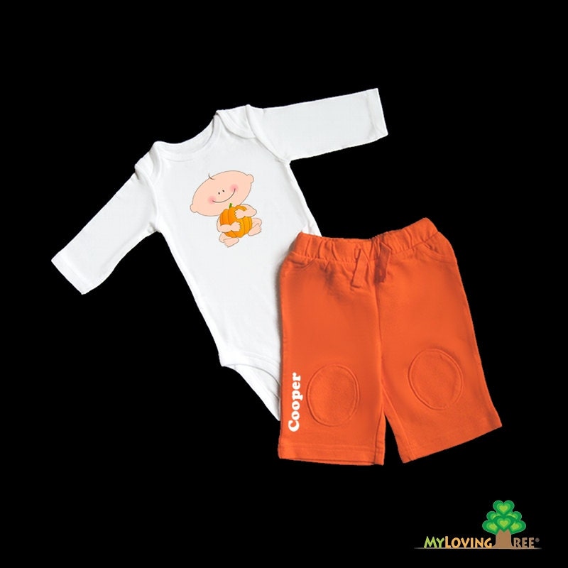 Personalized newborn baby boy onesies and orange pants outfit - great gifts for baby shower, first halloween, first thanksgiving Il_570xn