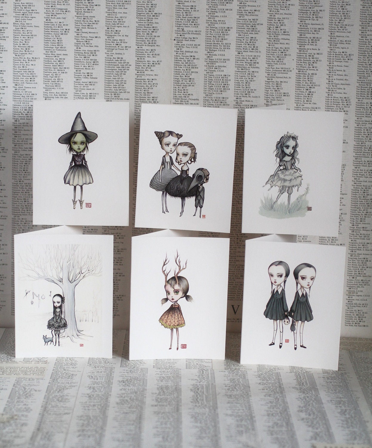 The Dearly Darkly Set - Mixed set of 6 blank note cards - by Mab Graves
