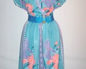 Vintage 1970s Turquoise Dress Tropical Floral Design/ Plus Size
