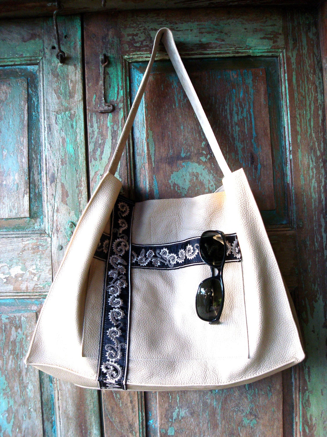 Handmade Large Camel or Khaki  Leather Bag, Tote or Purse with Vintage Embroidery Accents