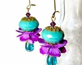 Tropical Flower Earrings in Turquoise and Purple Fuchsia