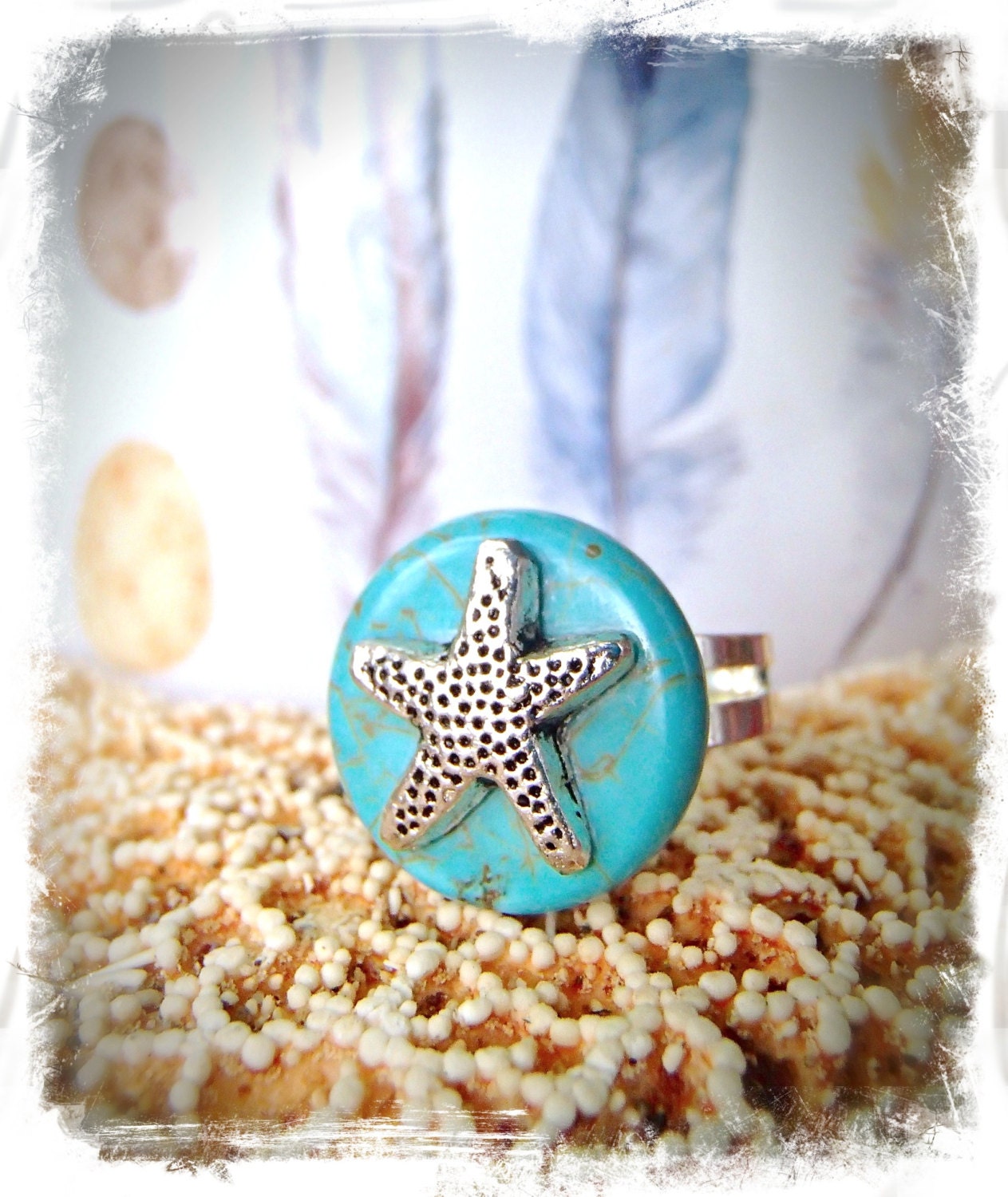 STARFISH Turquoise RING summer BEACH Ring Ocean Jewelry ring Seascape Silver Adjustable ring Southwestern ring Cowgirl ring