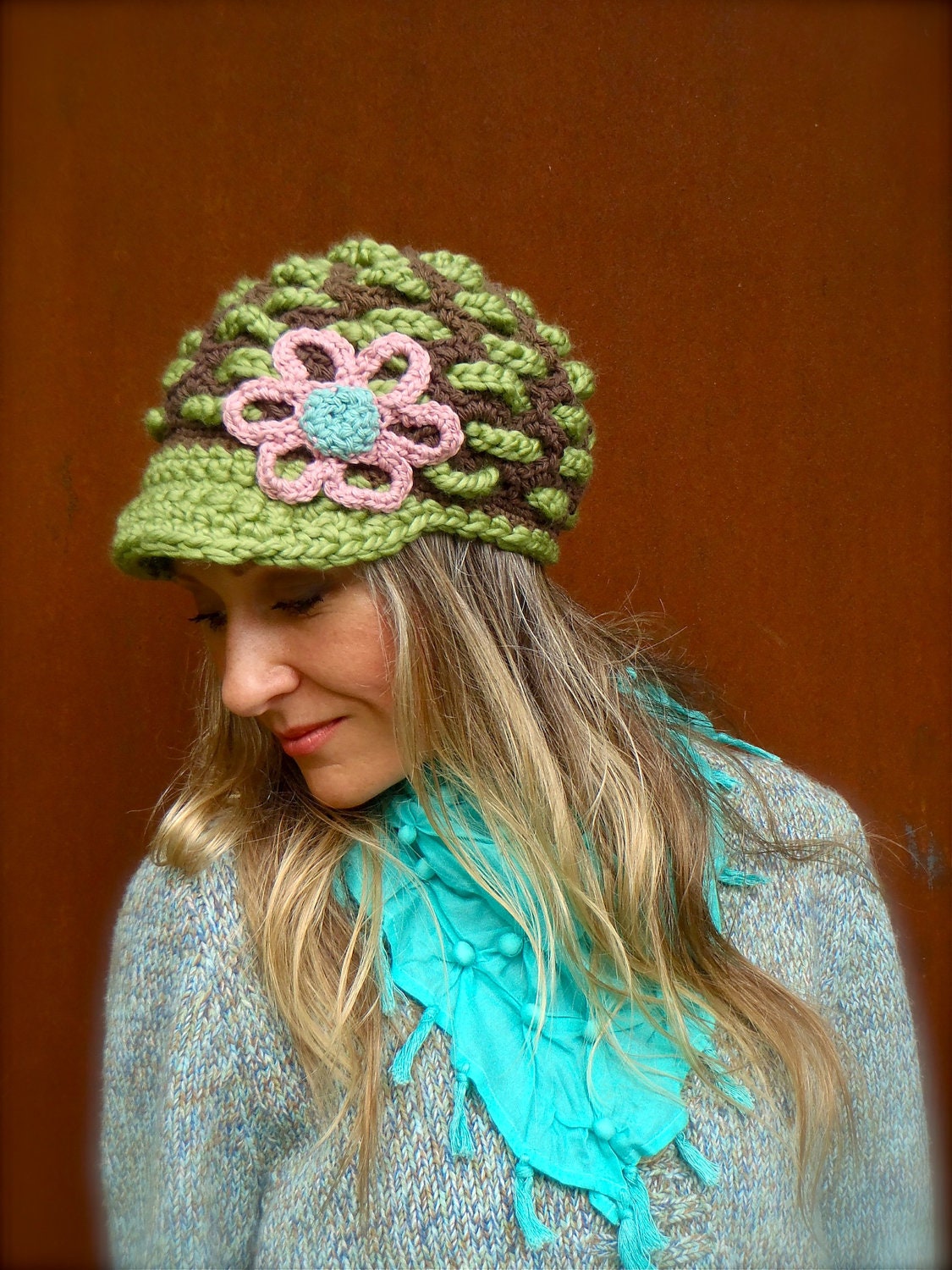 GAIA Slouchy Beanie crochet slouch hat FLOWER cap NEWSBOY hat Pea Green hat Hippie gypsy funky hat