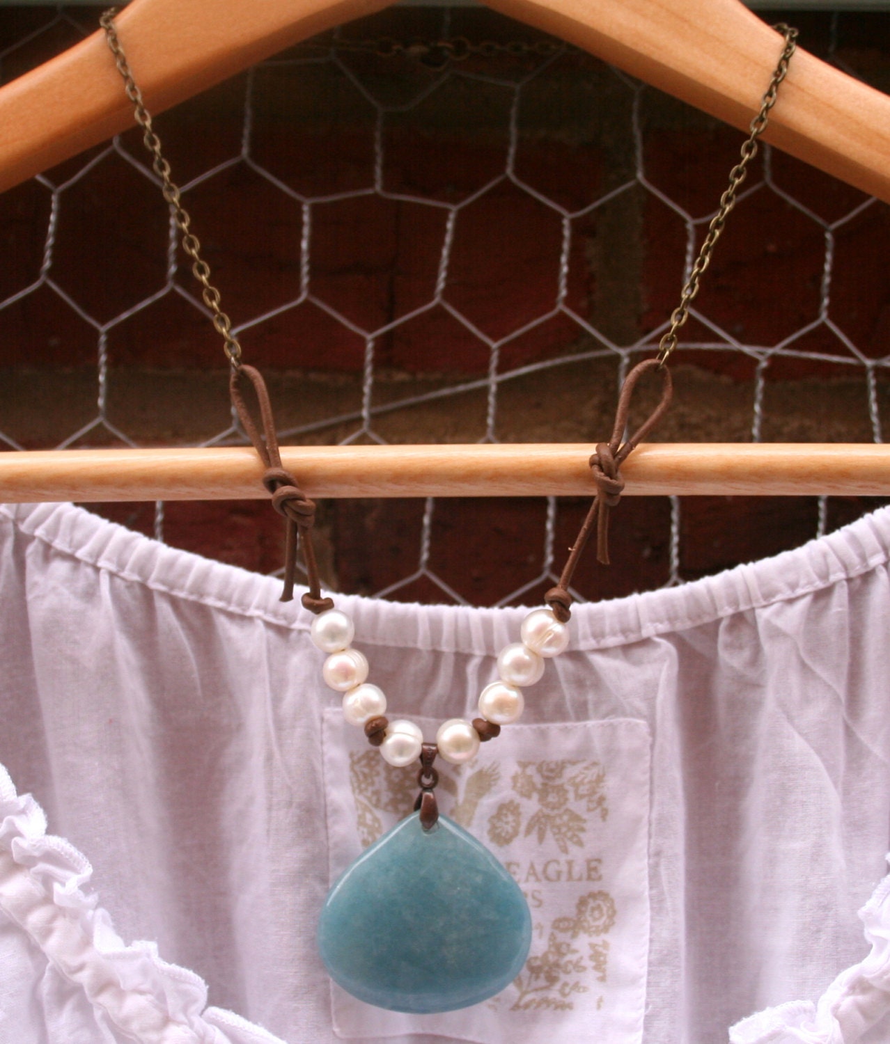 Romantic Elegant Necklace / Woodland Necklace / Rustic Earthy Necklace / Blue Agate Necklace / Leather Necklace / Pearl Necklace