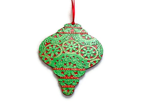 Lacy Christmas Ornament handmade Christmas home decor large decoupage ornament hand painted wood green red metallic gold - FischerFineArts