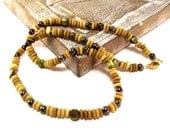 Natural Tone Men's Beaded Necklace Featuring Olive Mother of Pearl, Pyrite and Khaki Cat Eye