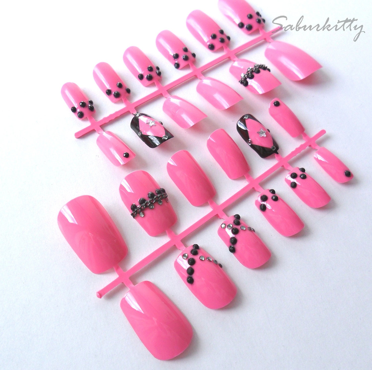 Pink Black 3D Nail Art crisscross polka dots stud hot neon artificial fake acrylic diamond star nails manicures 24 count w/Glue