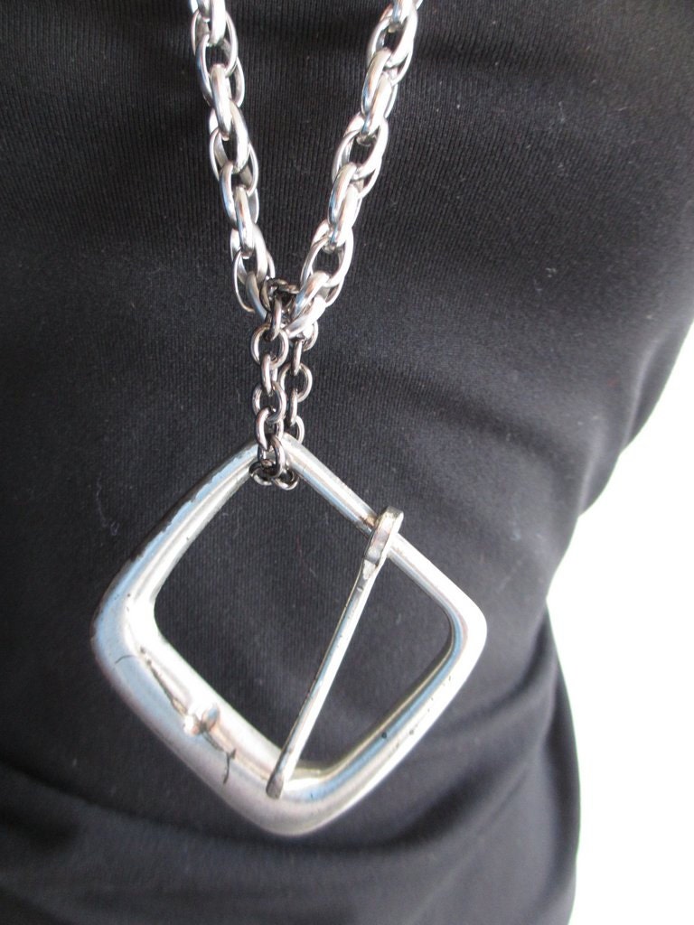 Weathered Silver and Brass Buckle Necklace on Silver Thick Long Chain