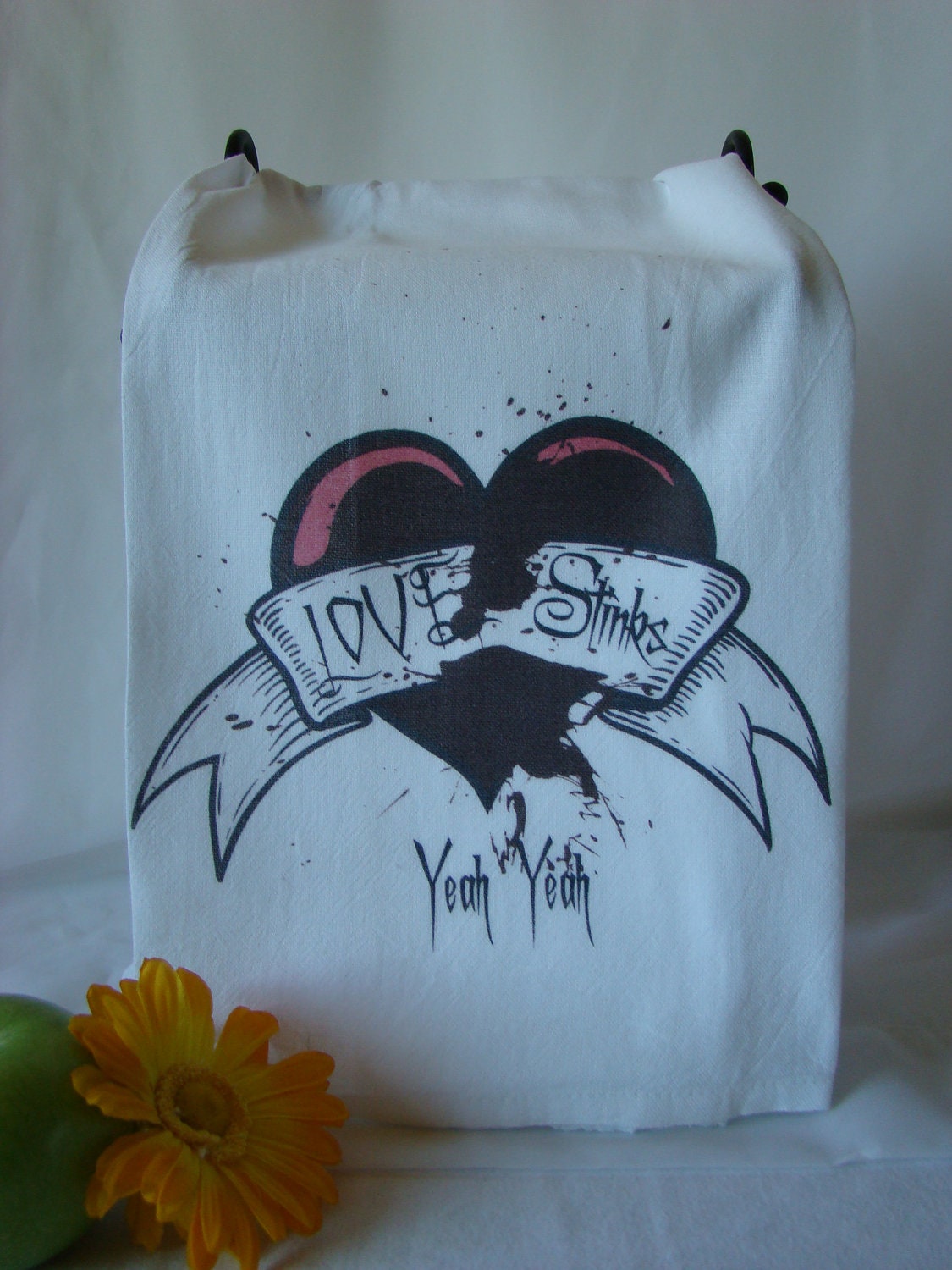 Tattoo Heart tea towel -Love Stinks - Flour sack towel - Funny Love humor tea towel