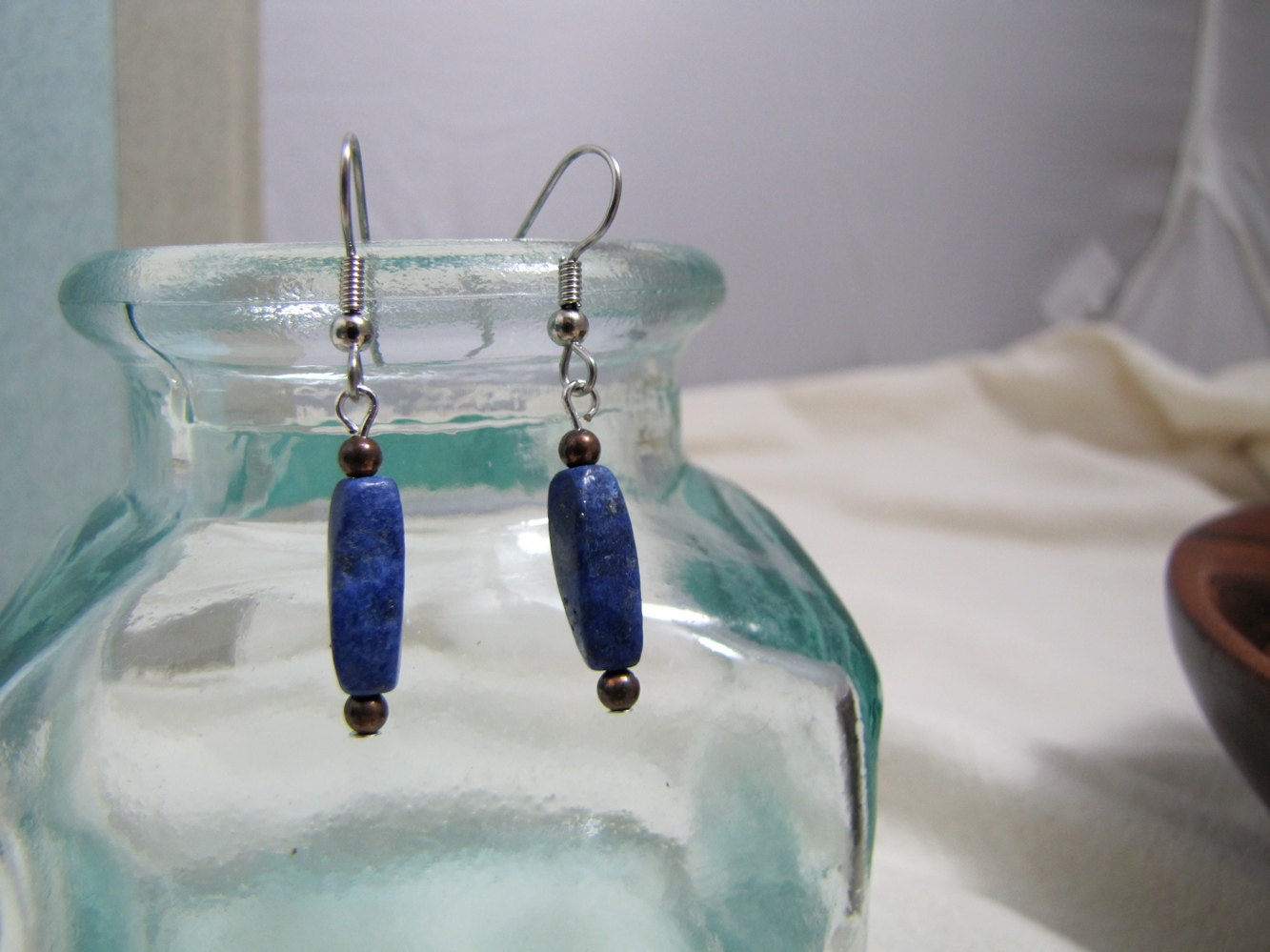 Stiletto earrings: lapis lazuli, copper (free US shipping)