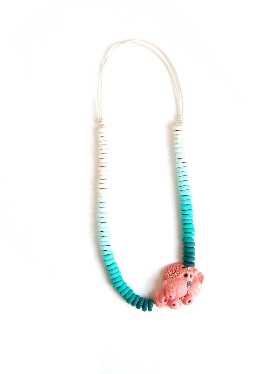 Long statement necklace asymmetrical barnacles coral turquoise white ombre polymer clay necklace Salmon sea creature ocean necklace ooak - HunkiiDorii