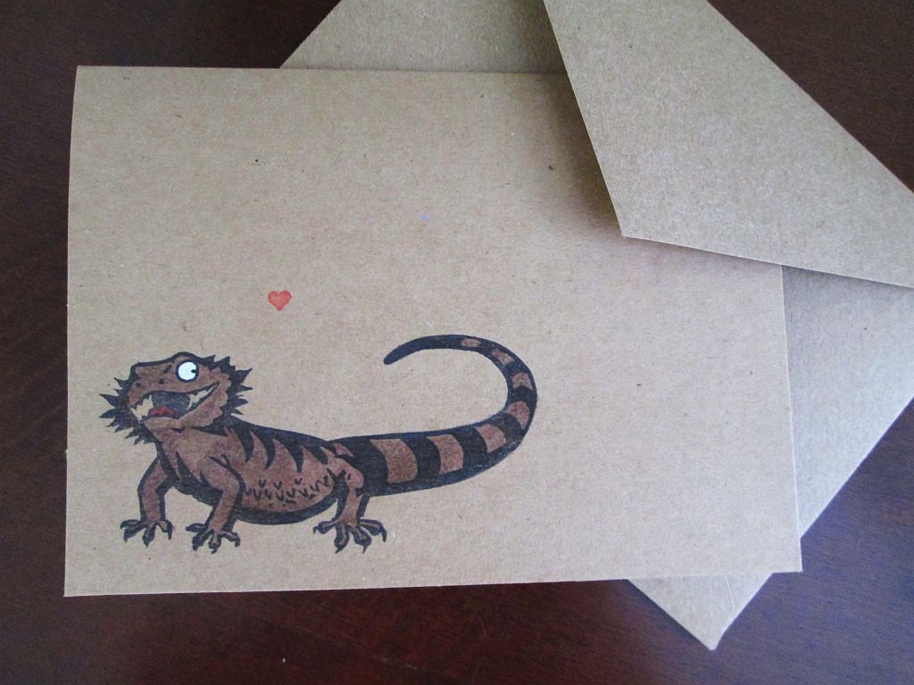 Bearded Dragon Greeting Card - Blank Inside - Hand Stamped Lizard Art