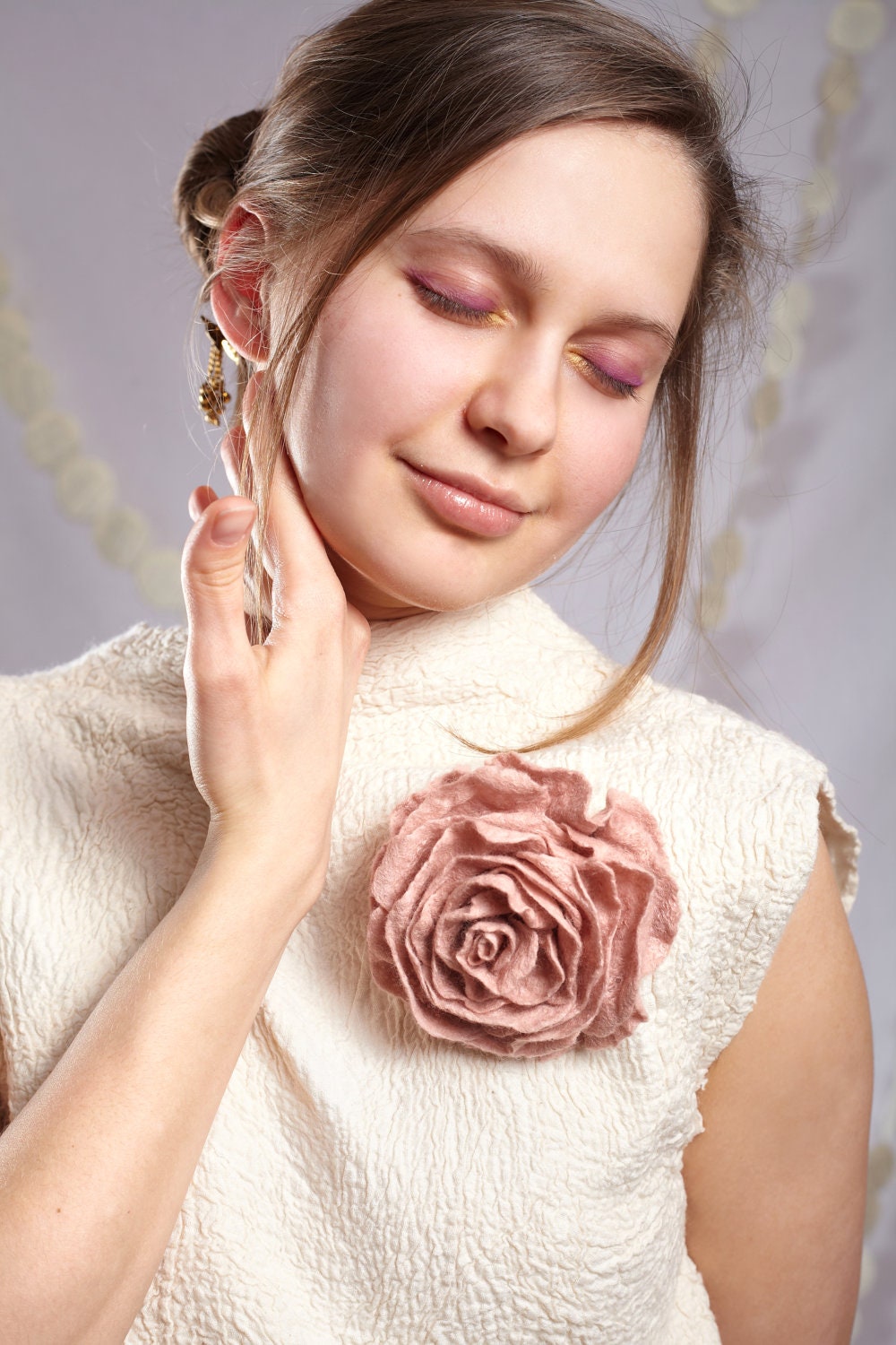Blush pink brooch rose felted shell pastel dusty pale peach flower cream white wedding bridesmaid winter neutral