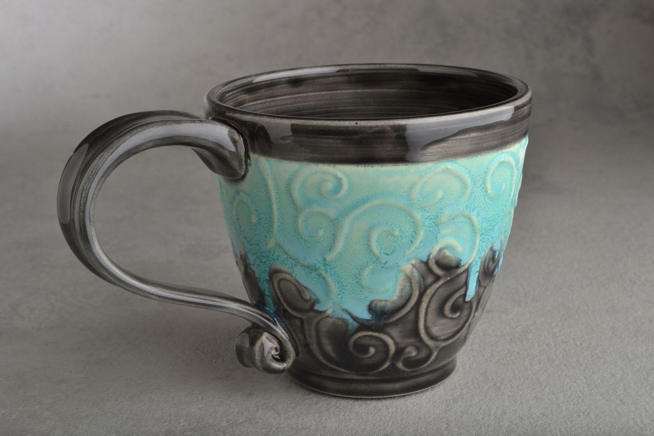 Curly Mug : Blue and Clear Black Slip Trailed Coffee Mug by Symmetrical Pottery