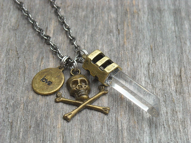 Crystal Necklace, Crystal Point Necklace, Skull Necklace, Handstamped Necklace, Hand Stamped Jewelry, Charm Necklace, Quartz Crystal,