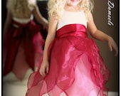 Flower girl dress, ivory with organza sheer raspberry wine red colored overlay, satin sash - DaisiesandDamsels