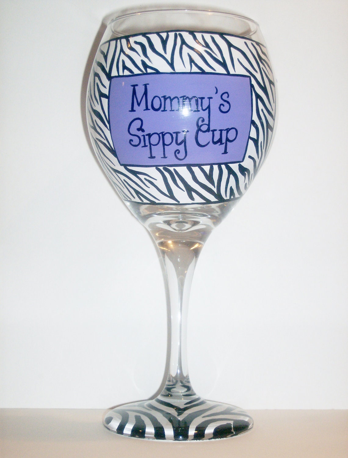 Hand Painted Mommy's Sippy Cup Zebra Wine Glass (Made to Order)