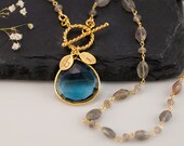Blue Topaz Personalized Necklace - December Birthstone Necklace -  Toggle Clasp Necklace - Wire wrapped Labradorite Necklace -