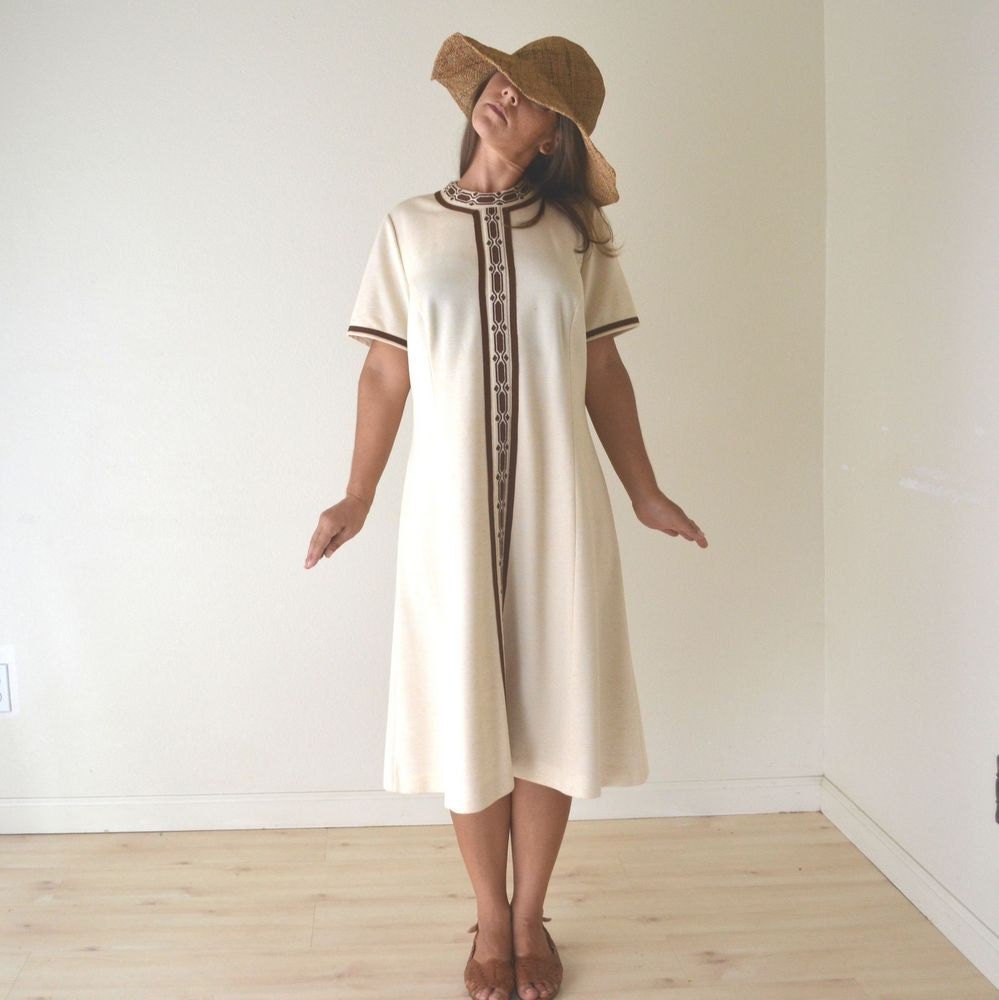 Embroidered Tent Dress Vintage 1960s Cream Brown Stripe Tunic Dress Medium Large