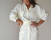Pastel Pocket Day Dress Vintage 1980s Pale Yellow Button Up Small