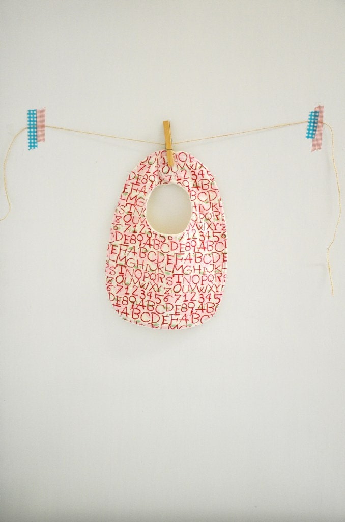 ABC and numbers on Pink apples Baby Bib / Fun letters and numbers Baby Bib/  pink baby bib