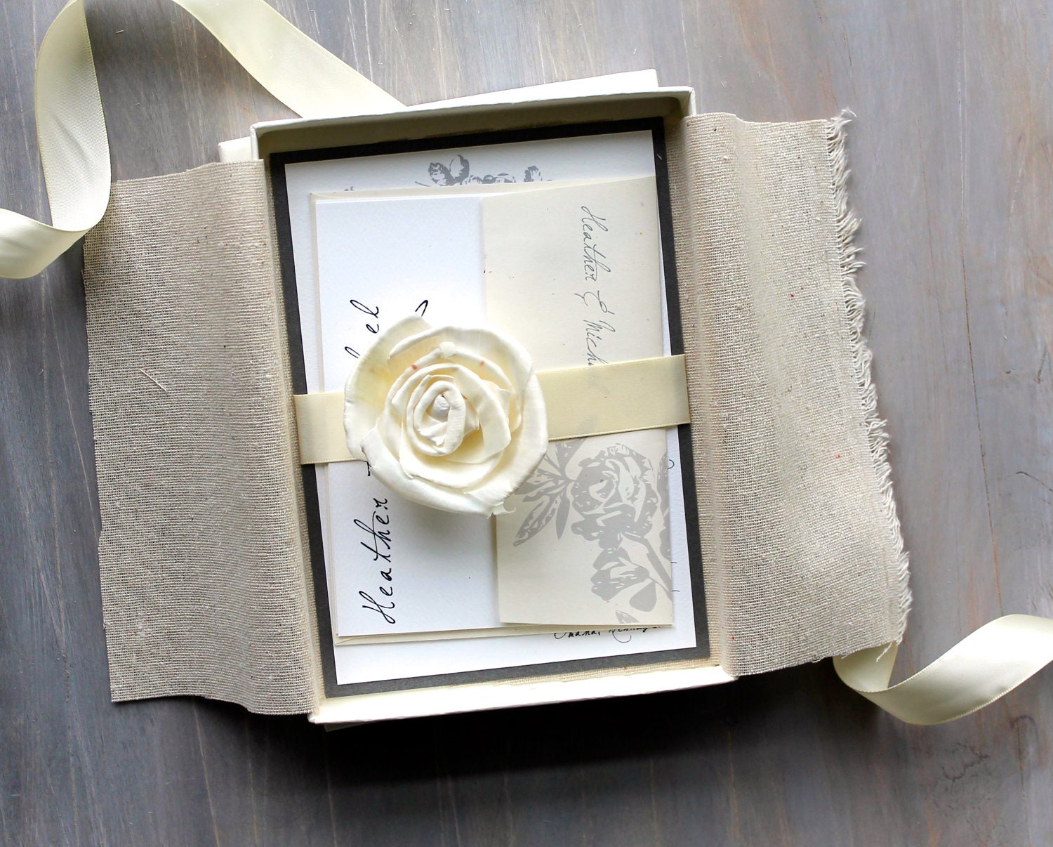 All White - Rustic Wedding Invitations, Elegant, Linen, Rose, Ribbon - Purchase for a Sample