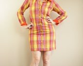 60s/70s Orange & Purple Seersucker Plaid A Line Mini Dress