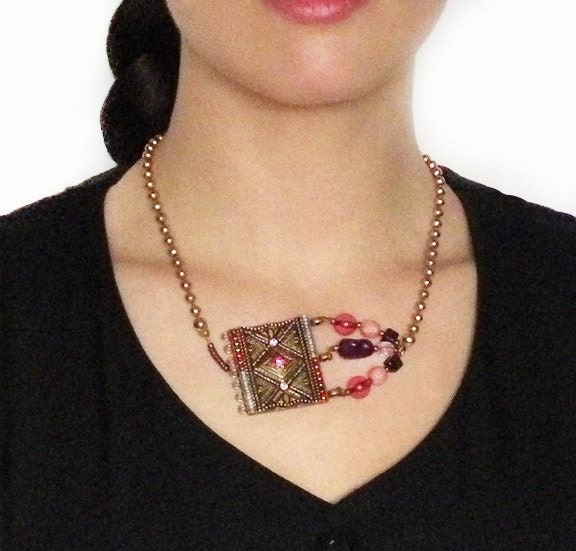 virginia - asymmetric gold square pink purple pendant necklace - large