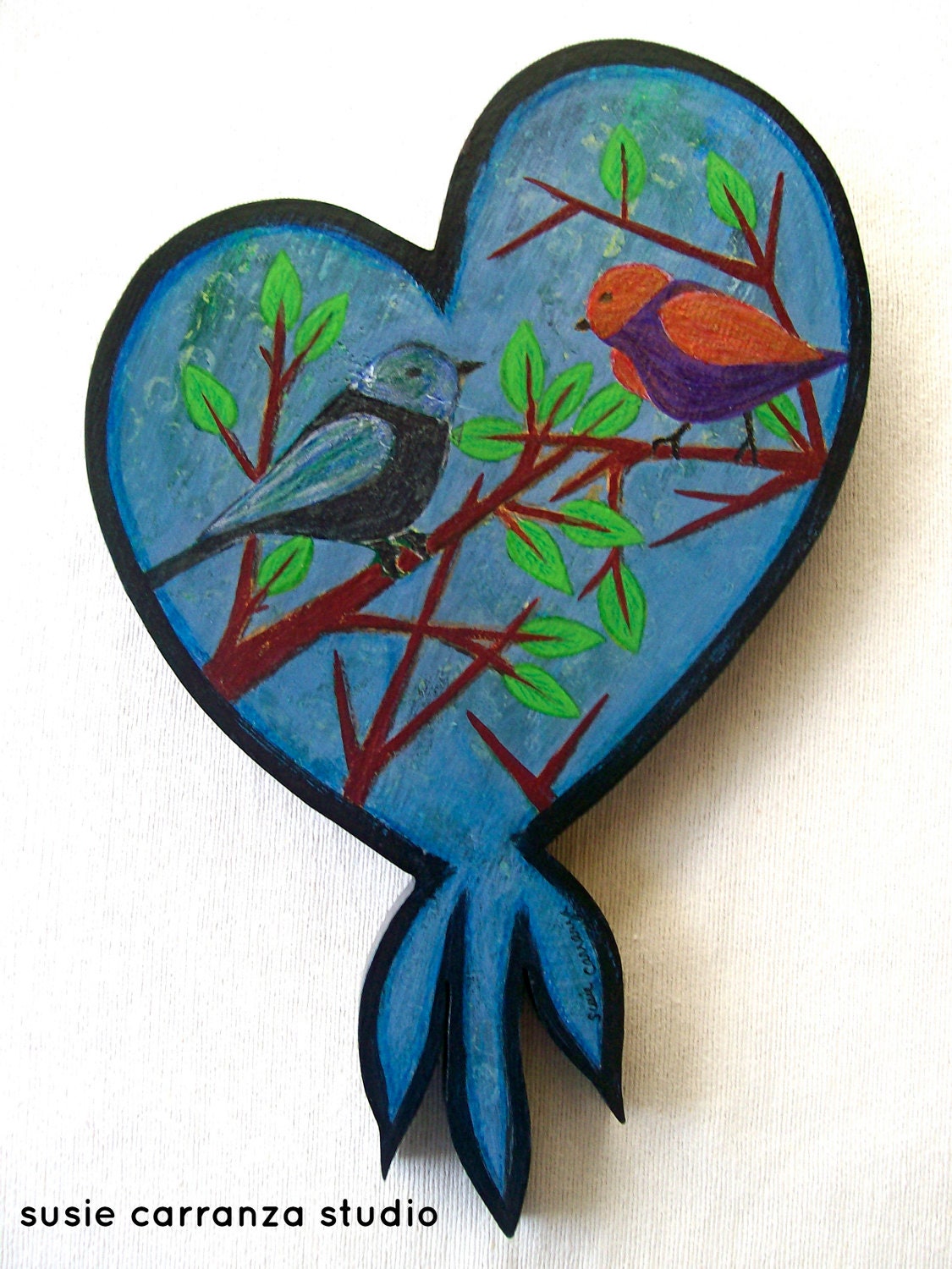 Mixed Media Original - "Two Birds".  Acrylic paints and color pencils on wood.