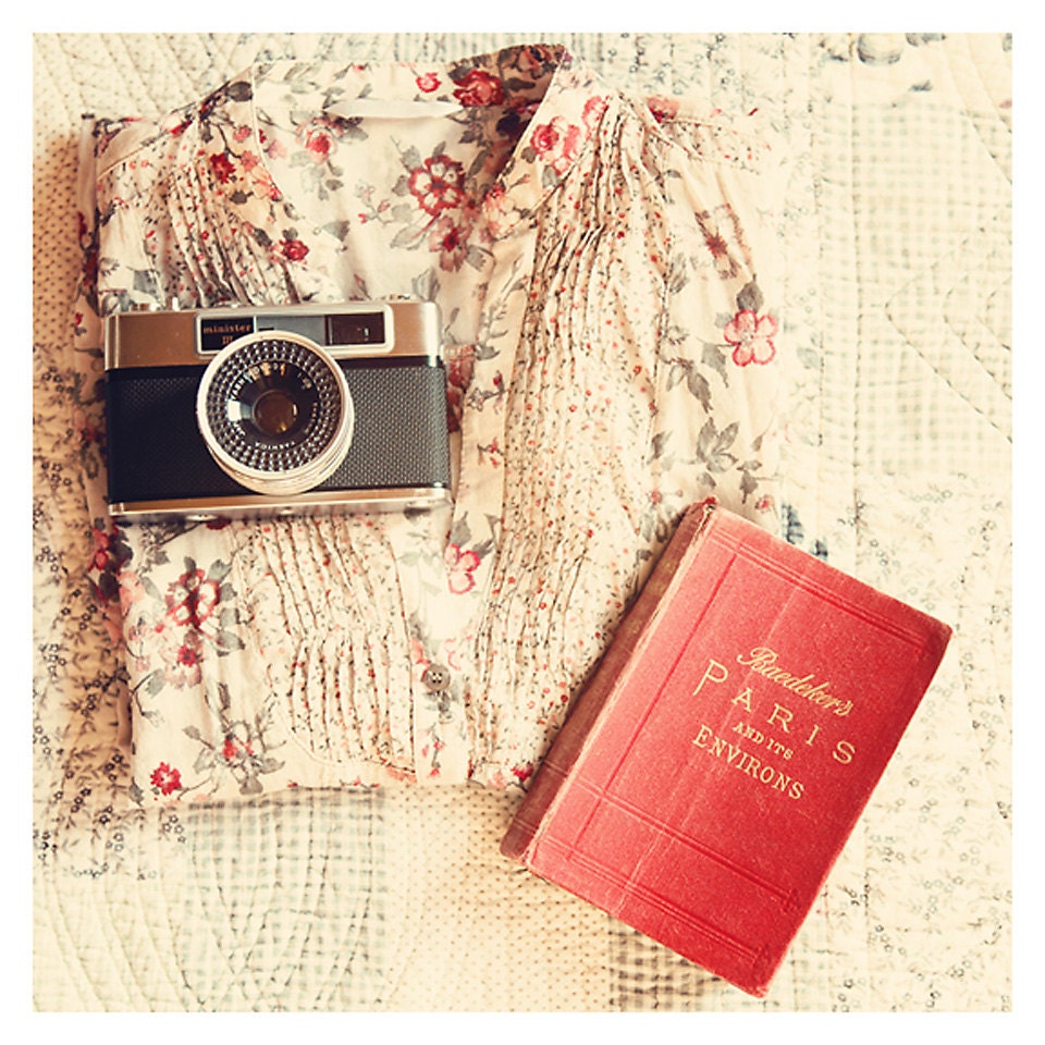 paris camera retro floral photo print - whimsical fine art still life photography, nostalgic, escape, pretty, clothes, vintage - 8x8