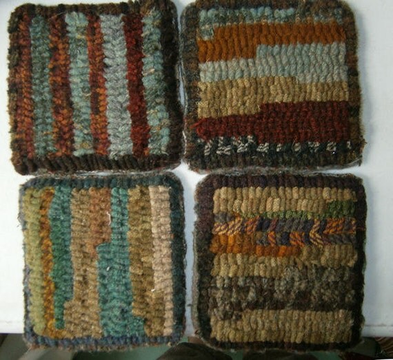 Primitive Hand Hooked Wool Mug Rugs Set of 4