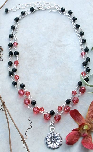 Handmade Black Onyx, Pink Swarovski Crystal Sterling Silver 2 Strand Necklace With Charm