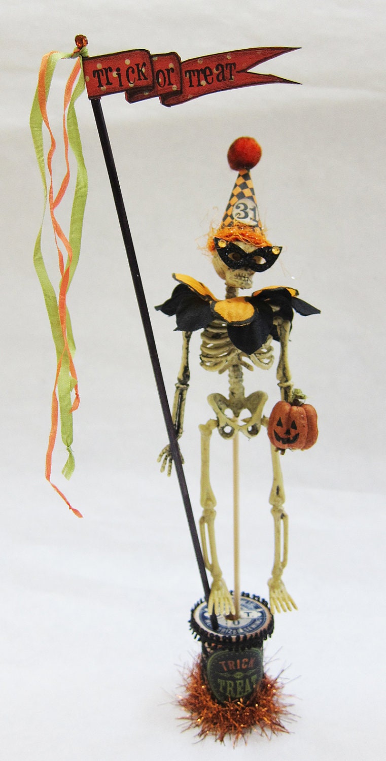 Halloween Skeleton with Costume on Wooden Spool