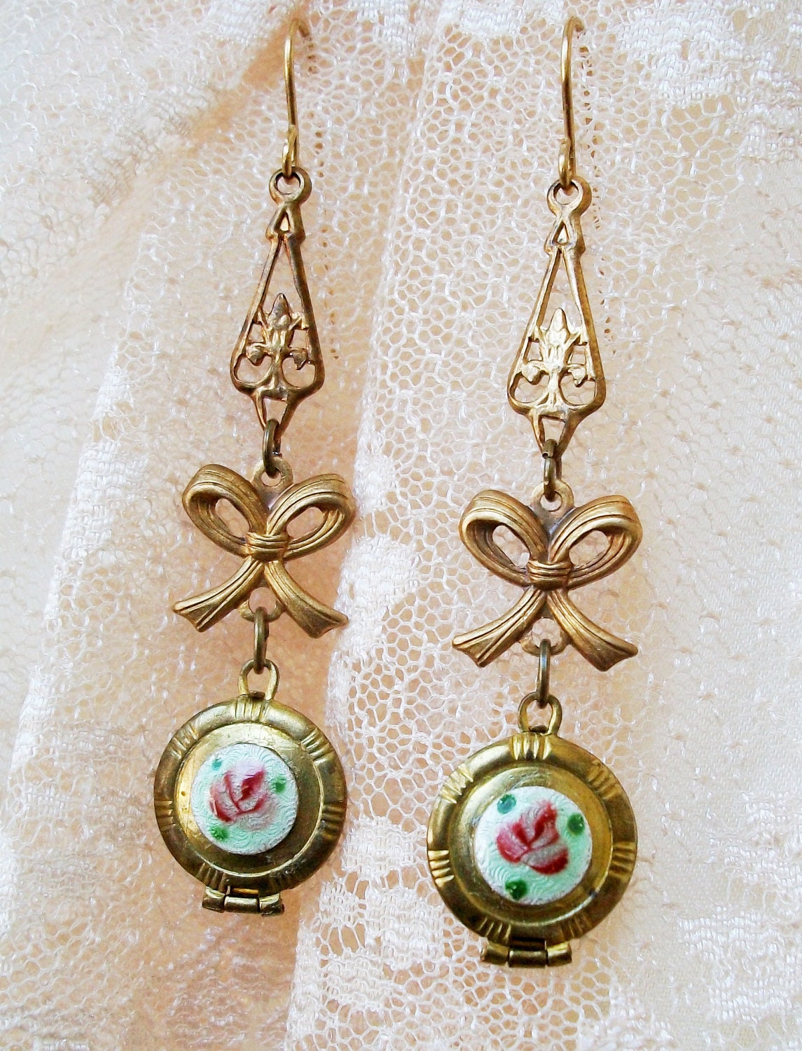 Rosy LOCKET Earrings - "Secret of Youth" -  HANDMADE, Sm Vintage Round Lockets, Pale Green Guilloche, Bohemian Beauty, OOAK