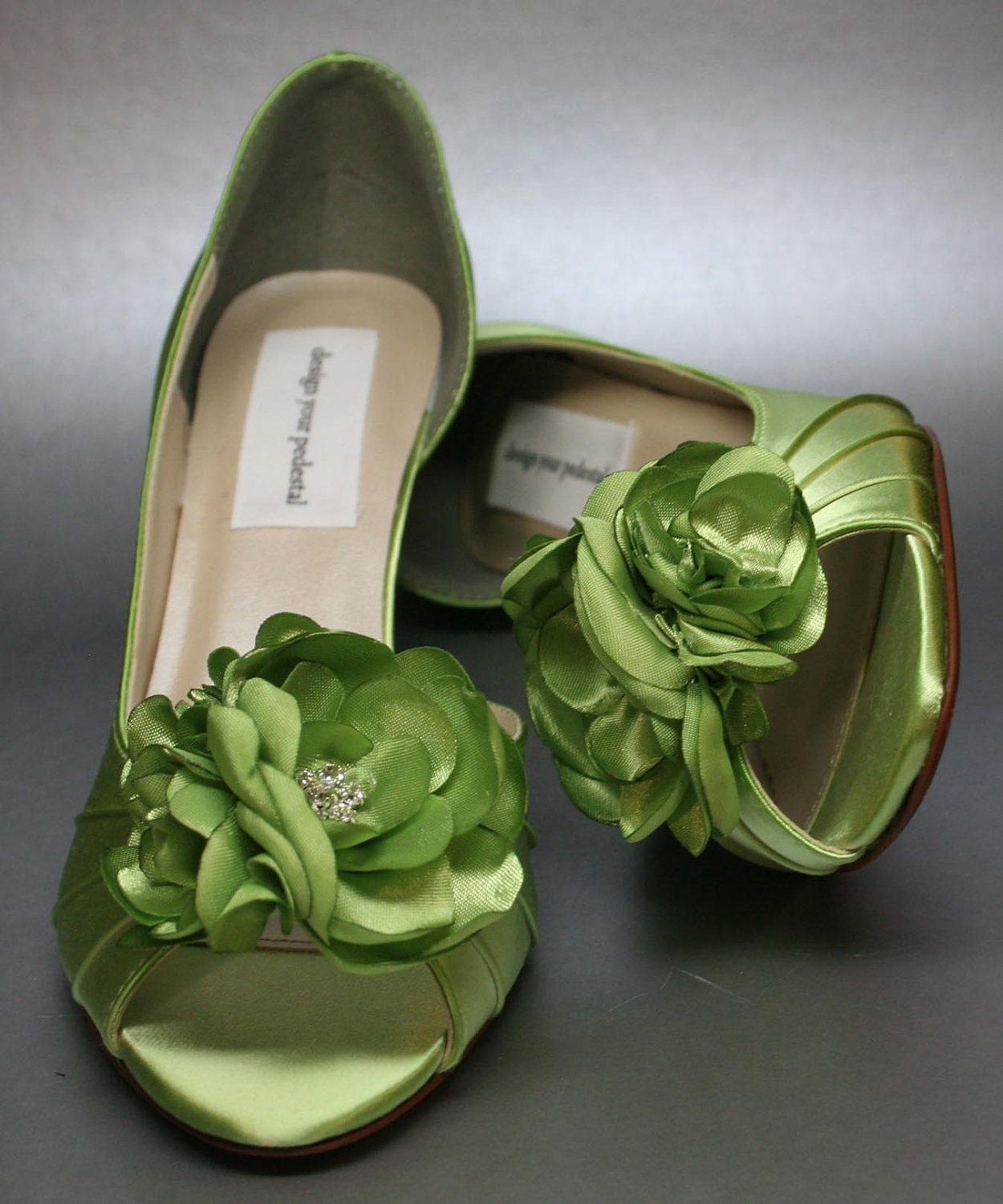 Wedding Shoes -- Spring Green Peeptoes with Matching Flower Adornment - DesignYourPedestal
