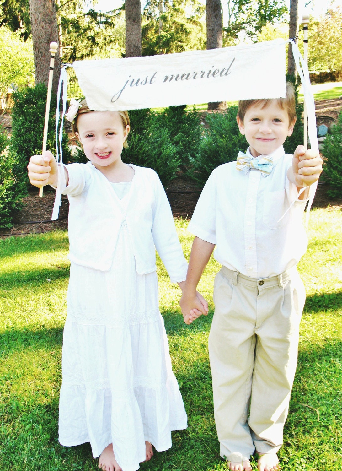 SMALL . DOUBLE banner set . 'here comes the bride' and 'just married' . flower girl or ring bearer banner . bunting . cotton fabric sign