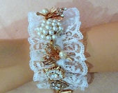Rhinestone Pearl Cuff Bracelet Handmade Vintage Earrings Lace Neutral Colors One of a Kind Bling Glamour Gift Romantic