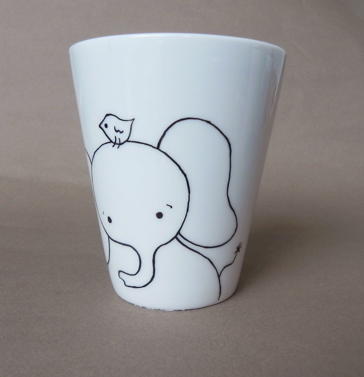 Elephant, hand painted white porcelain mug