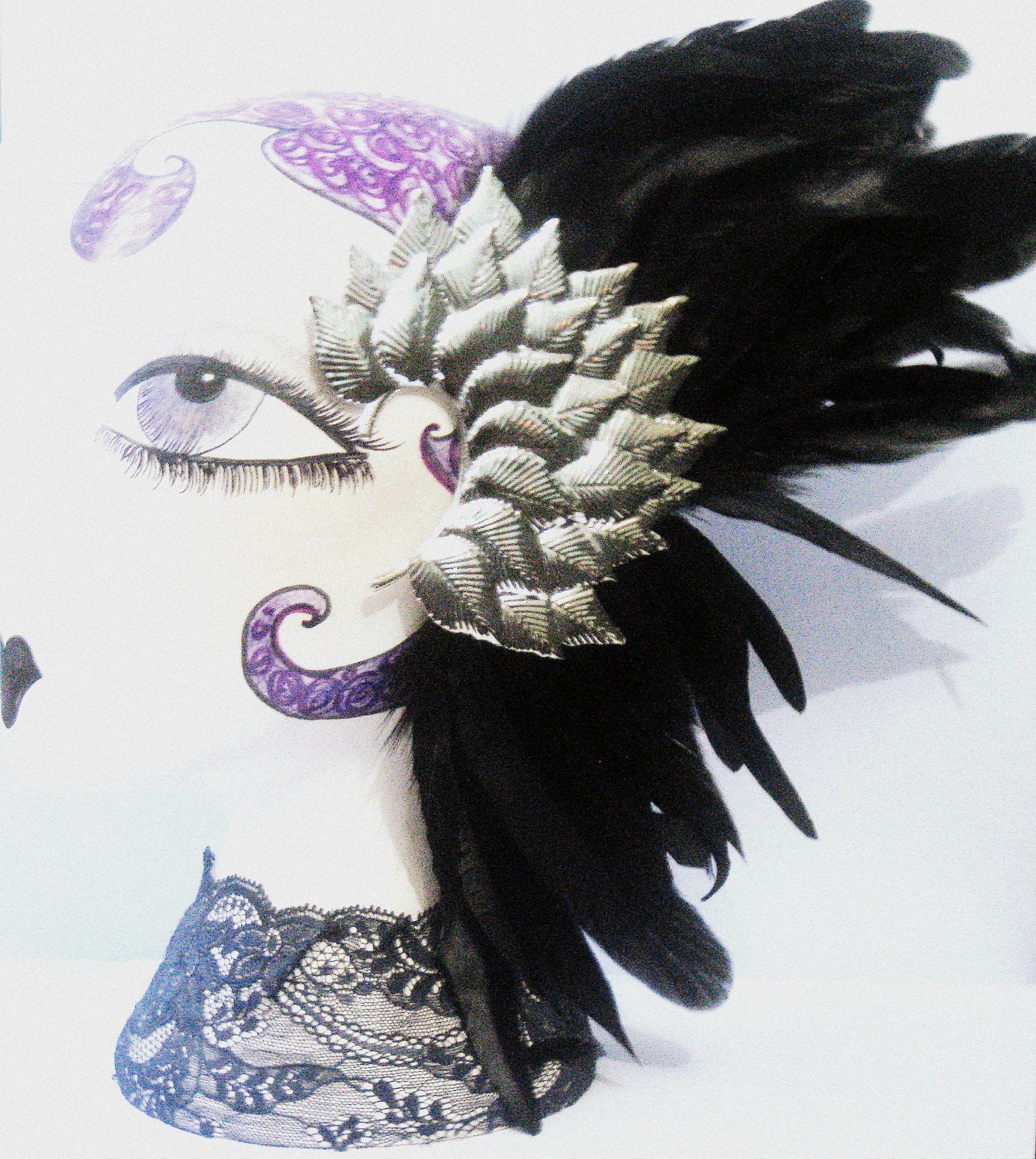 Huge statement ear cuff head dress head piece gold or silver with black or color feathers of your choice RAVEN