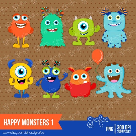 HAPPY MONSTERS 1 Digital Clipart, Monsters Digital Clipart, Monsters Clip Art / Instant Download Il_570xn