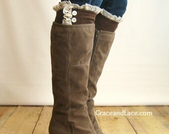 SALE SALE The Milly Lace - Brown Cable-knit Boot Socks with ivory knit lace trim & buttons - lace socks  (item no.5-3)