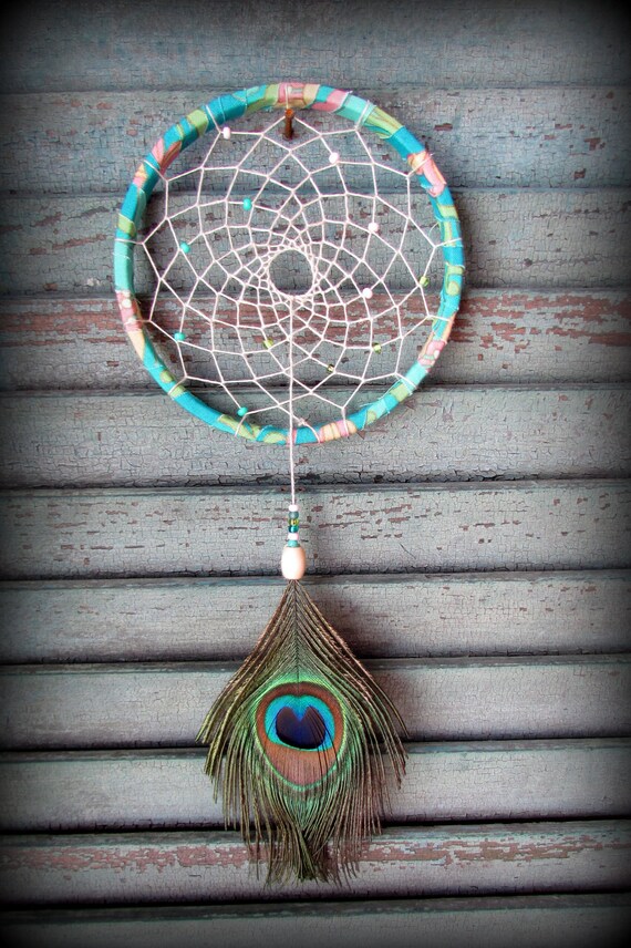 Dream Catcher Sweet Pea peacock feather by wingedwhimsy on Etsy