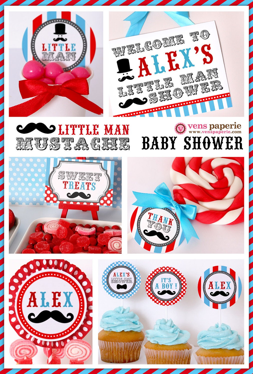 Little Man Mustache Baby Shower Package Personalized FULL Collection Set - PRINTABLE DIY - BS829CA1x