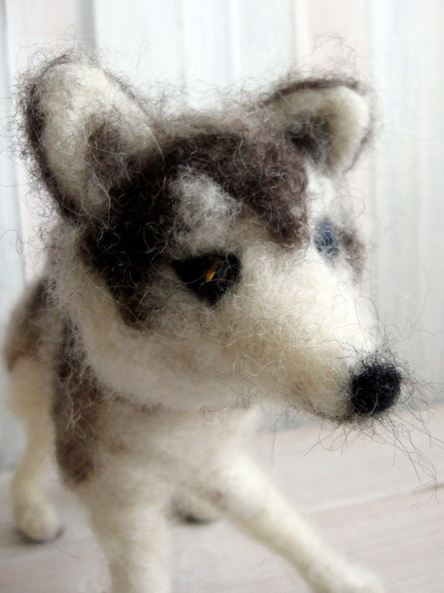 Huskie dog puppy handmade - grey and white needle felted wool