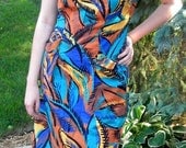1980s Trendy Hipster Unique Bold Leaf Print Cross Back Dress w/ Big Buttons & Pockets Size M/L