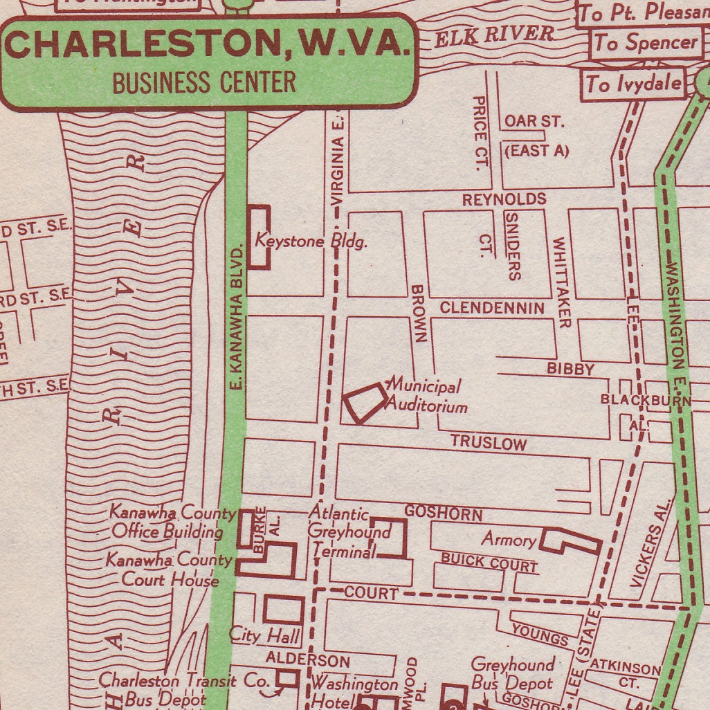 Vintage City Street Map, Wall Art Print Series, Charleston, West Virginia