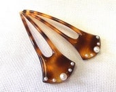 Vintage Hair Pick Set, Celluloid Hair Pins, Tortoise Shell Color, Swarovski Pearls